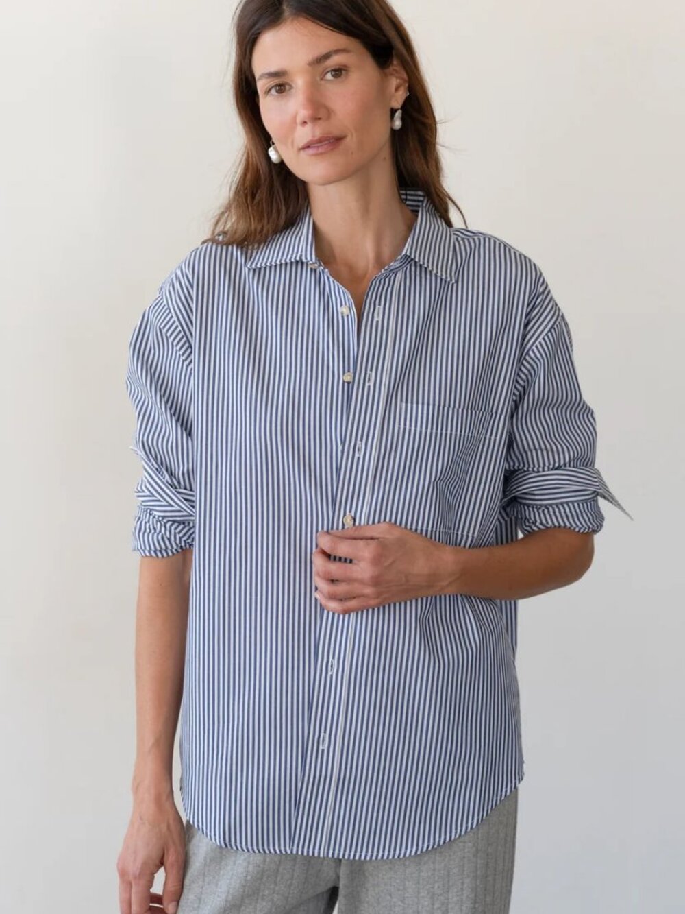 DONNI. The Pop Shirt Navy Stripe Poplin Button-Down